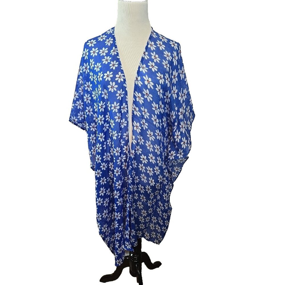 Raj blue kimono One Size daisy beach cover up open‎ front lightweight New
